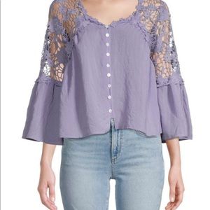HL AFFAIR Lace Inset blouse shirt lavender purple buttons 3/4 flare sleeve swing